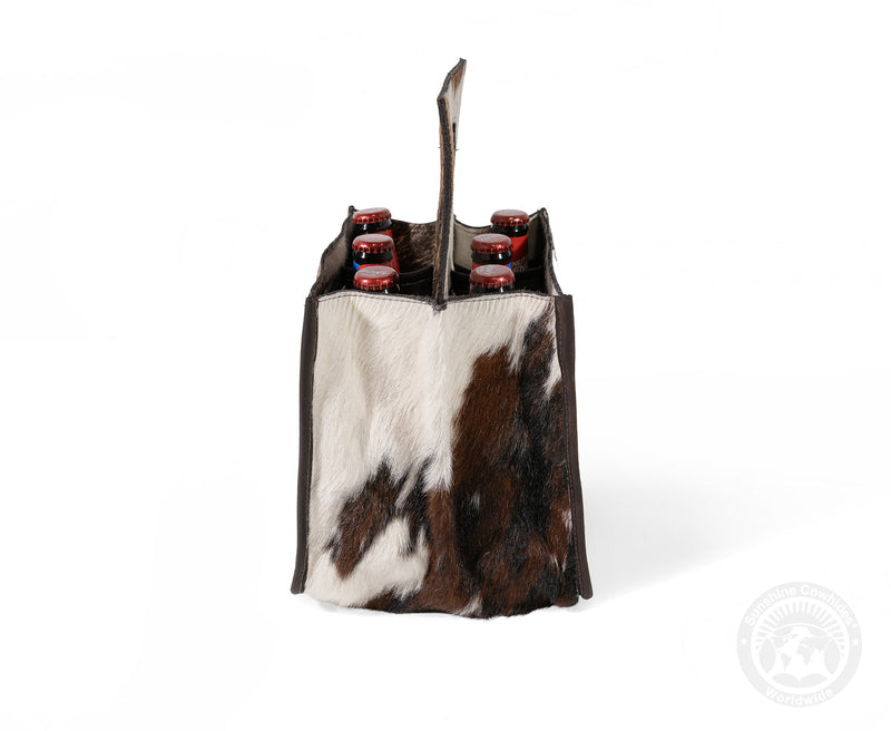 Tricolor Cowhide 6-Pack Beer Carrier | Rustic Western Leather Bottle Holder