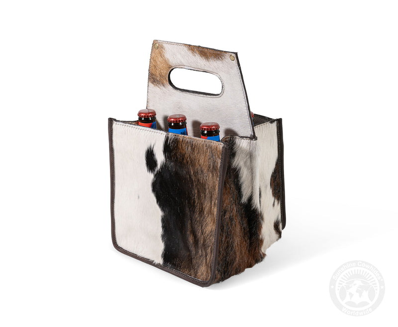 Tricolor Cowhide 6-Pack Beer Carrier | Rustic Western Leather Bottle Holder
