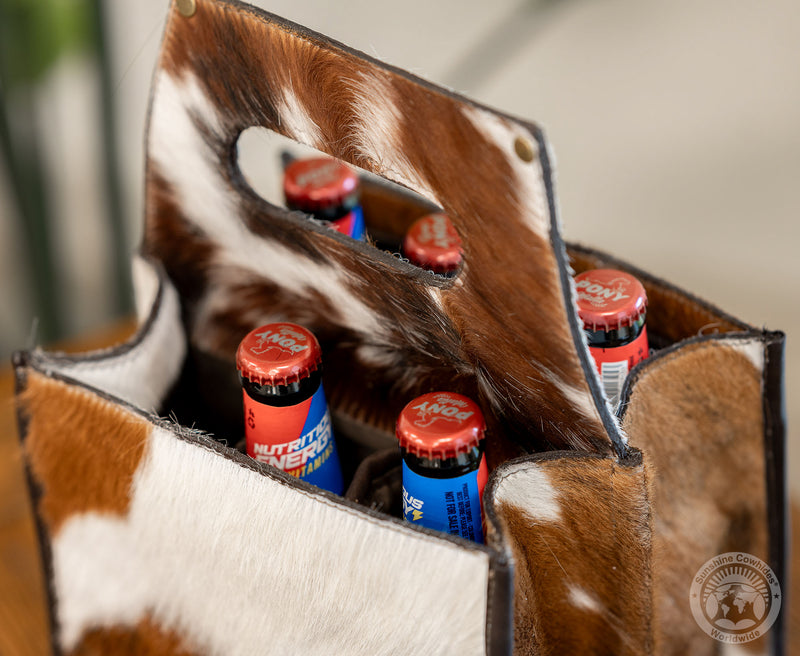 Tricolor Cowhide 6-Pack Beer Carrier | Rustic Western Leather Bottle Holder