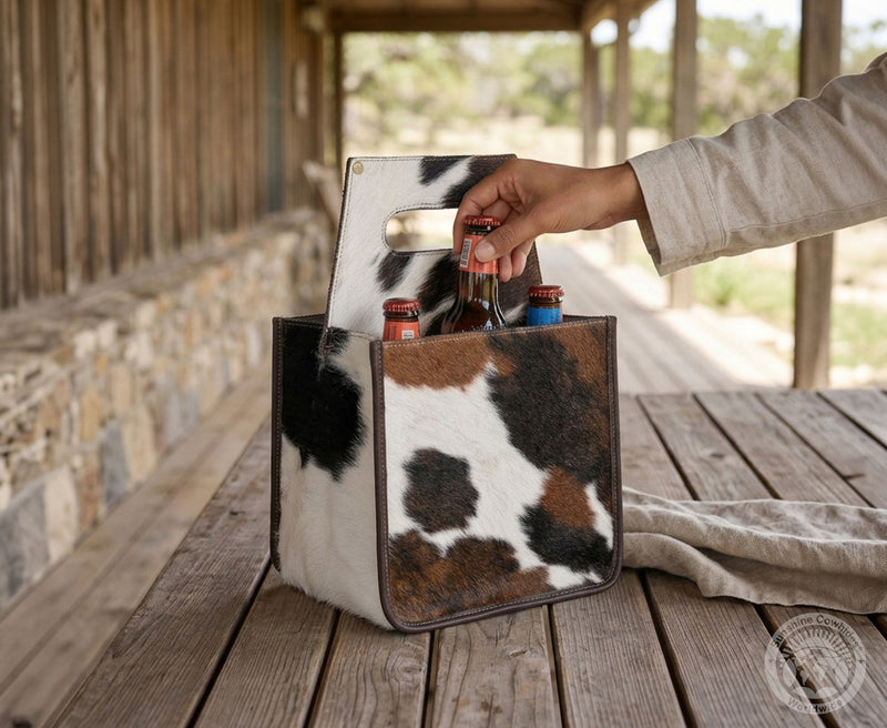 Tricolor Cowhide 6-Pack Beer Carrier | Rustic Western Leather Bottle Holder