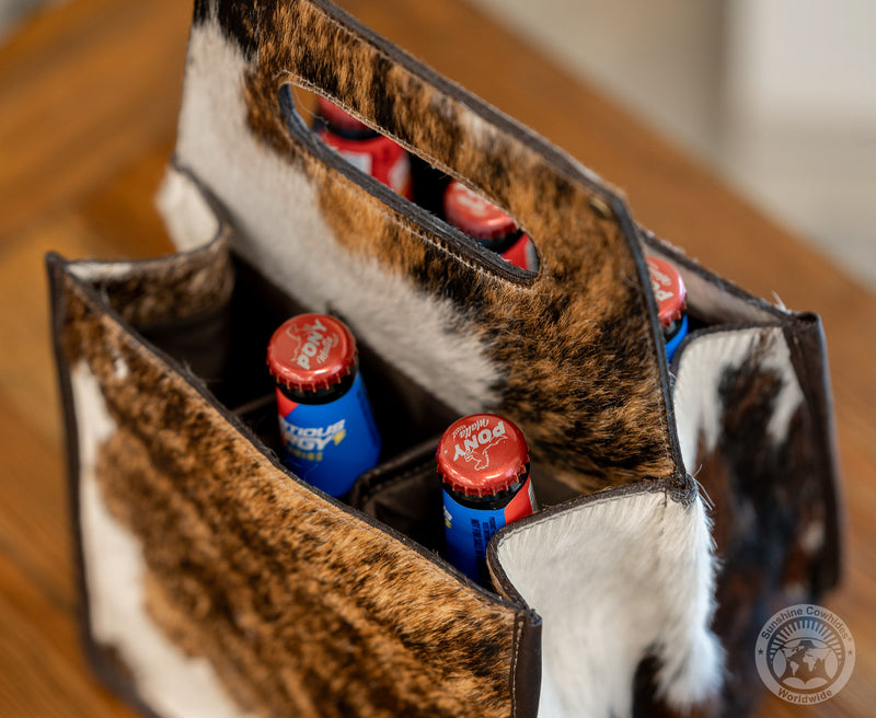 Tricolor Cowhide 6-Pack Beer Carrier | Rustic Western Leather Bottle Holder