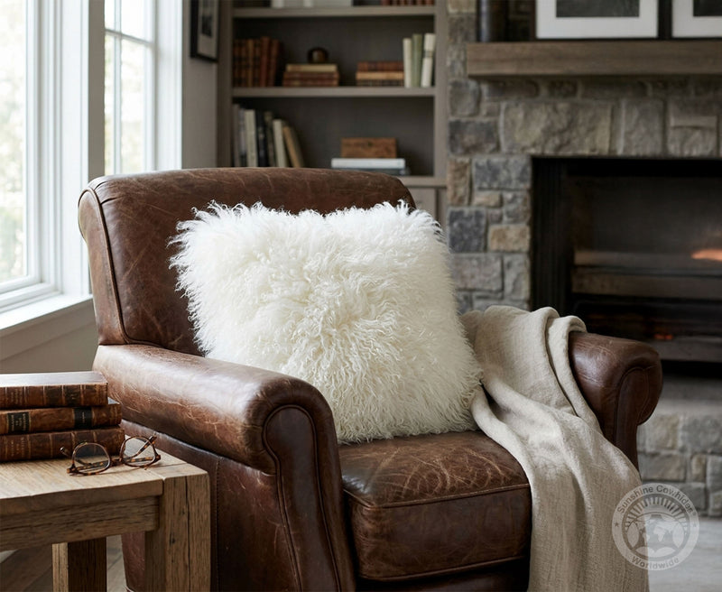 Real Sheepskin Pillow Cover 20x20'' | Natural White Sheepskin | Farmhouse Rustic Accent Cushion