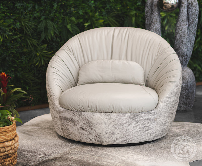 Leather Swivel Chaise Chair on Cowhide Accents - Grey
