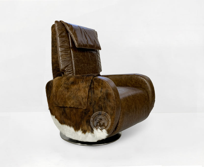 Leather Armchair with Hair On Cowhide Accents - Coffee Brown