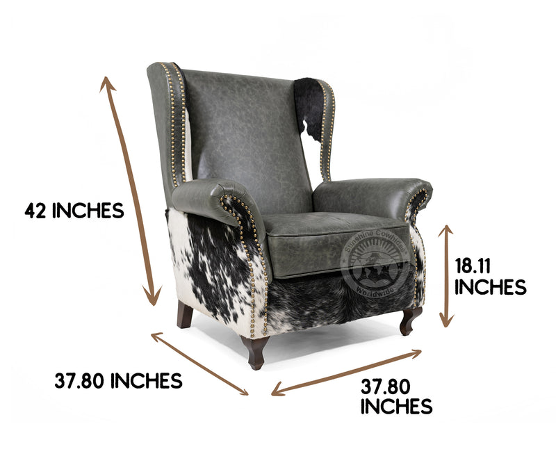 Leather Wingback Chair with Hair On Cowhide Accents