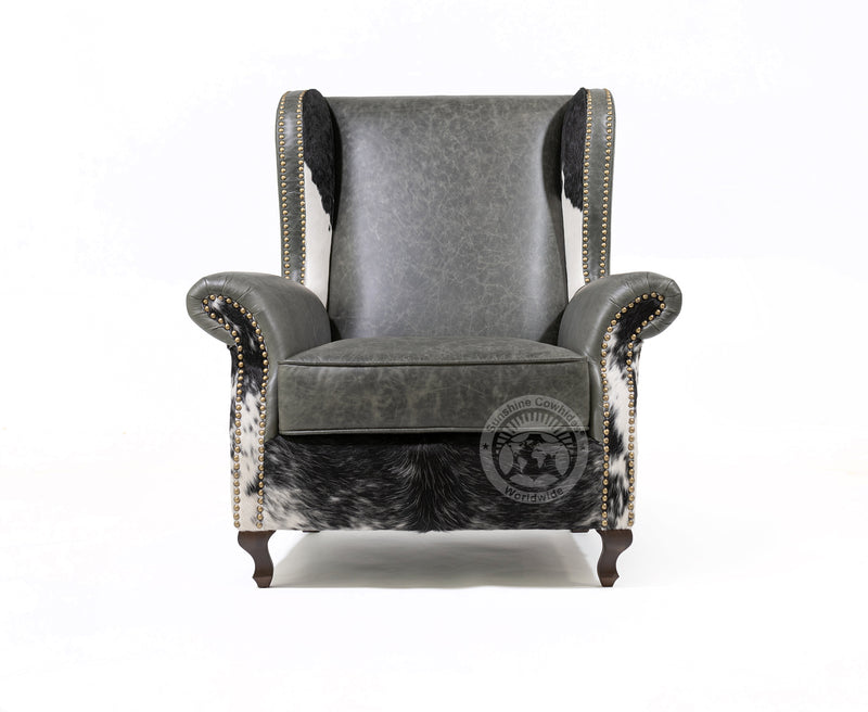 Leather Wingback Chair with Hair On Cowhide Accents