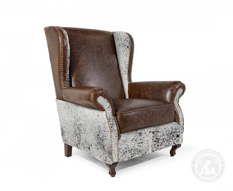 Custom Wingback Chair with Hair On Cowhide Accents