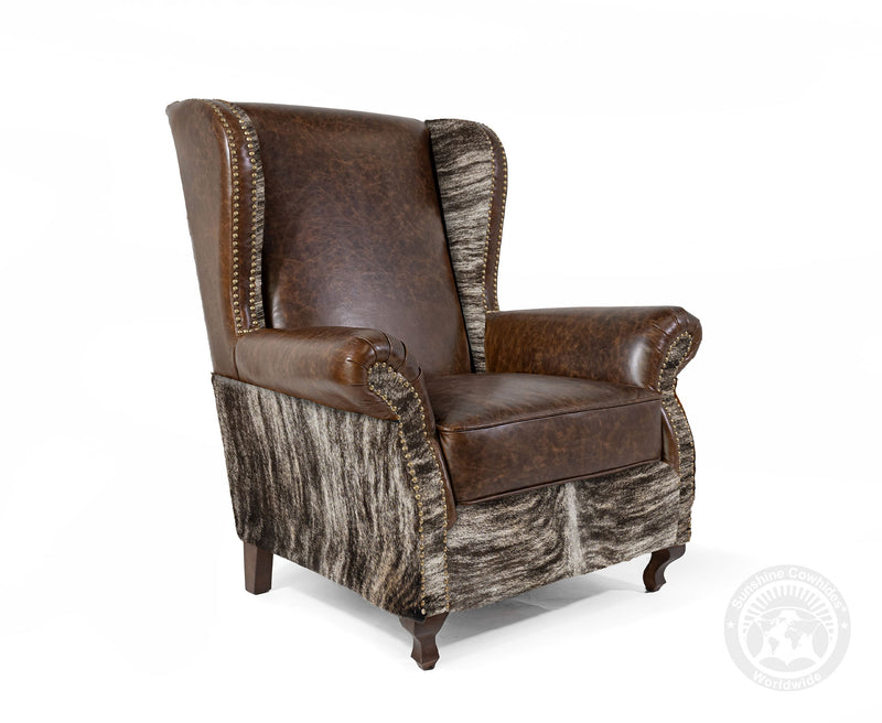 Custom Wingback Chair with Hair On Cowhide Accents