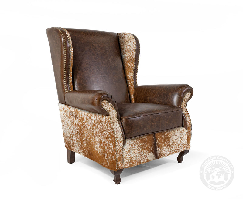 Custom Wingback Chair with Hair On Cowhide Accents