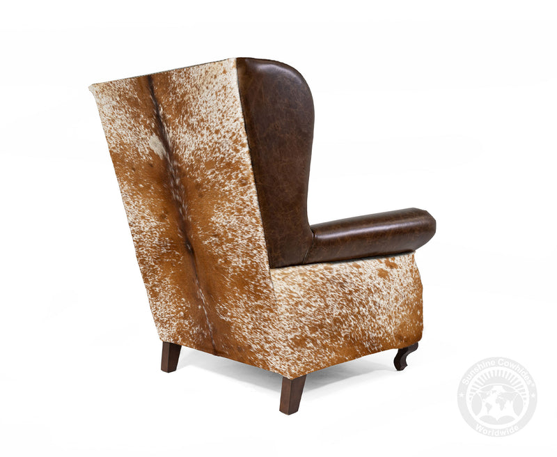 Custom Wingback Chair with Hair On Cowhide Accents