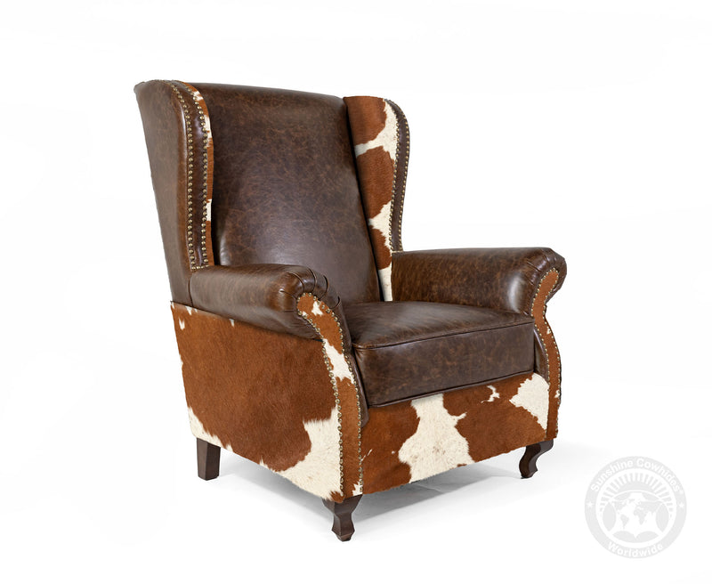 Custom Wingback Chair with Hair On Cowhide Accents