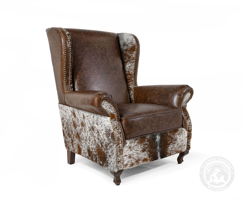 Custom Wingback Chair with Hair On Cowhide Accents