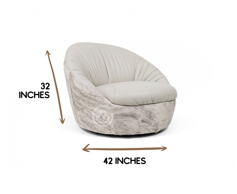 Leather Swivel Chaise Chair on Cowhide Accents - Grey