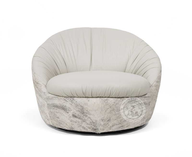 Leather Swivel Chaise Chair on Cowhide Accents - Grey