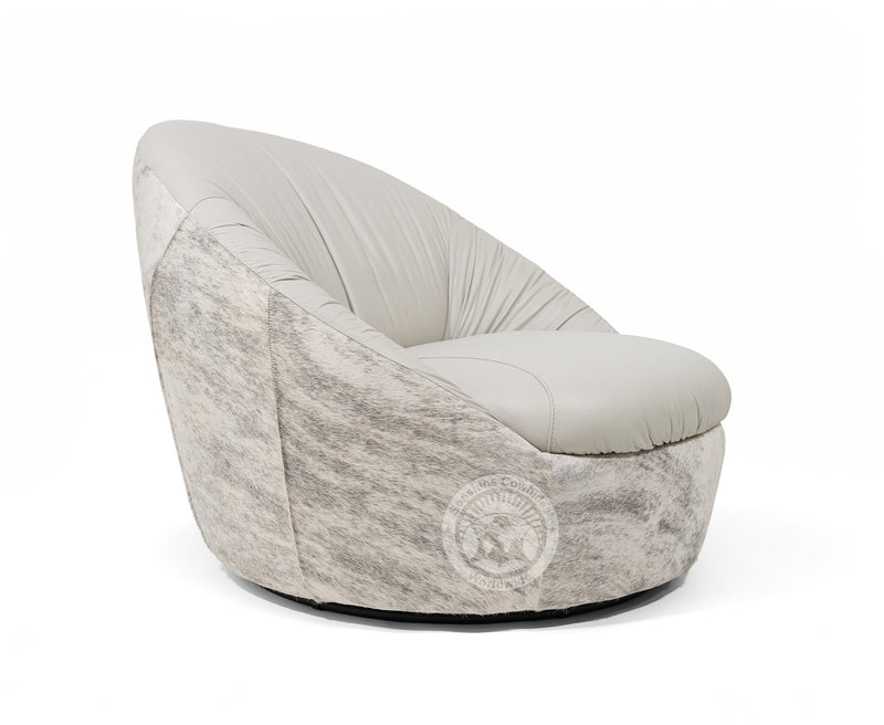 Leather Swivel Chaise Chair on Cowhide Accents - Grey