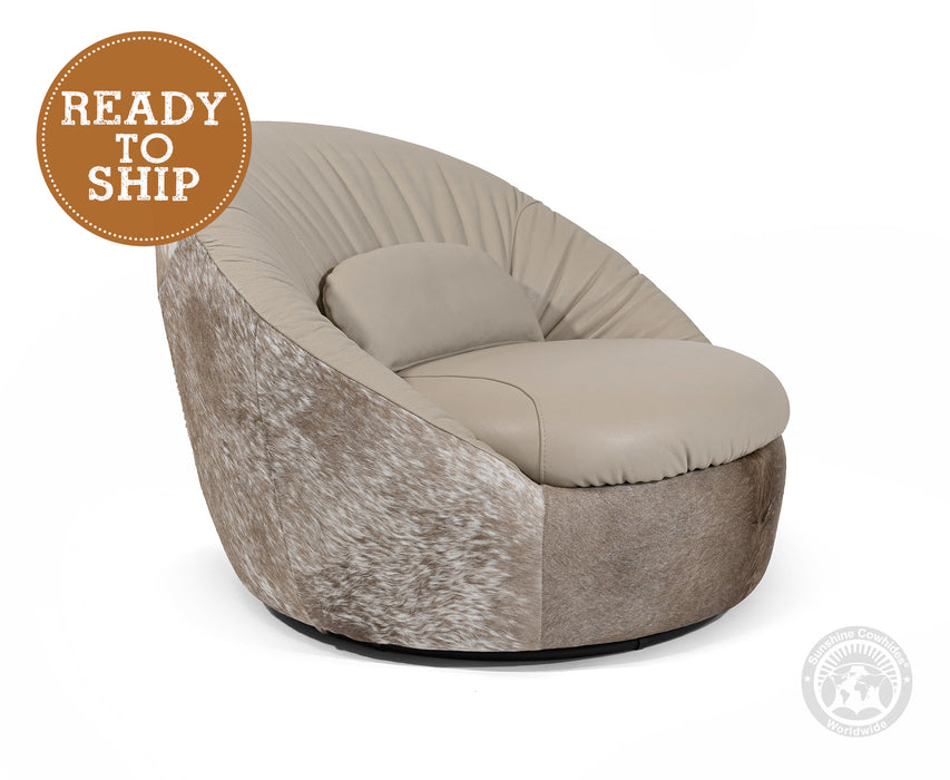 Leather Swivel Chaise Chair on Cowhide Accents - Taupe