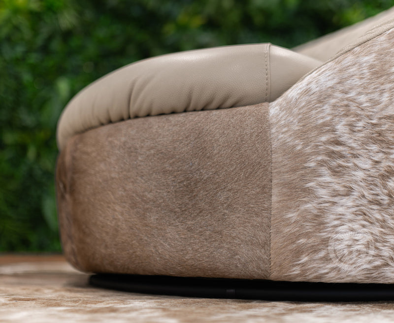 Leather Swivel Chaise Chair on Cowhide Accents - Taupe