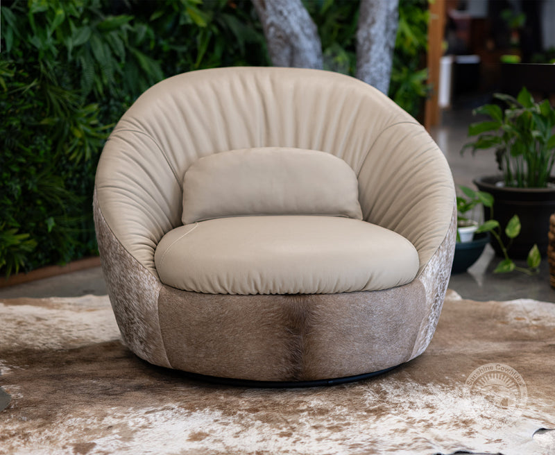 Leather Swivel Chaise Chair on Cowhide Accents - Taupe