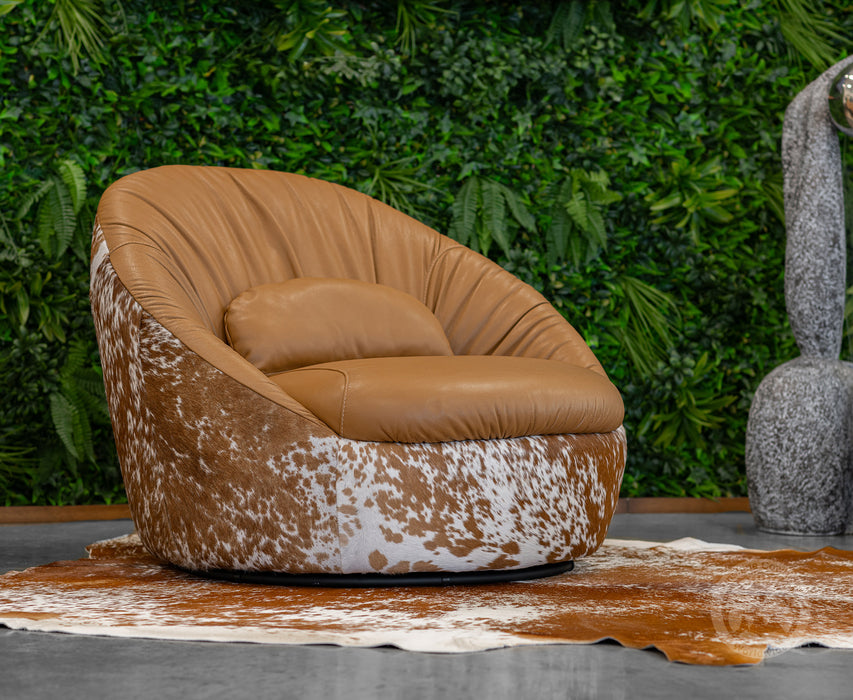 Leather Swivel Chaise Chair on Cowhide Accents - Brown