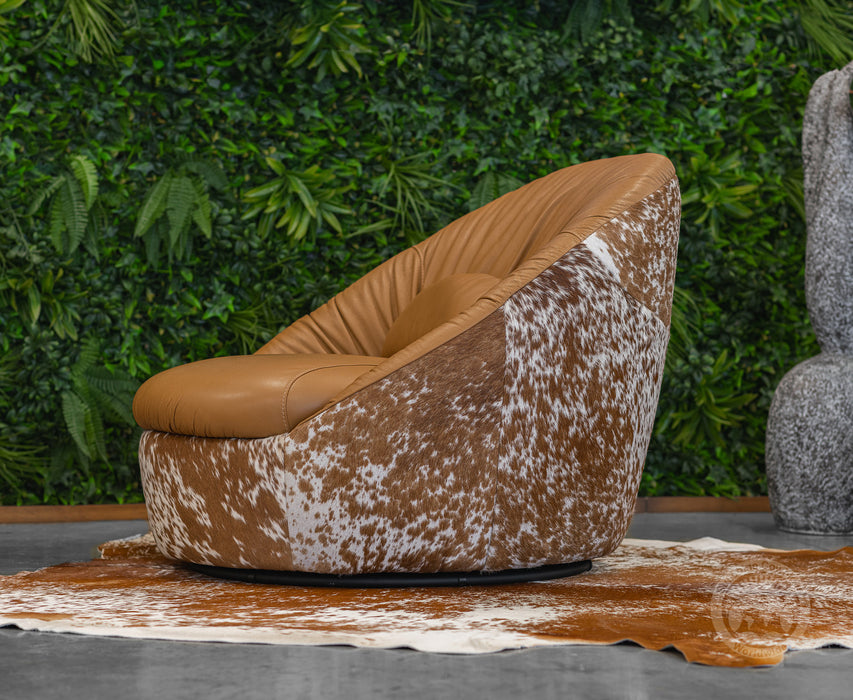 Leather Swivel Chaise Chair on Cowhide Accents - Brown