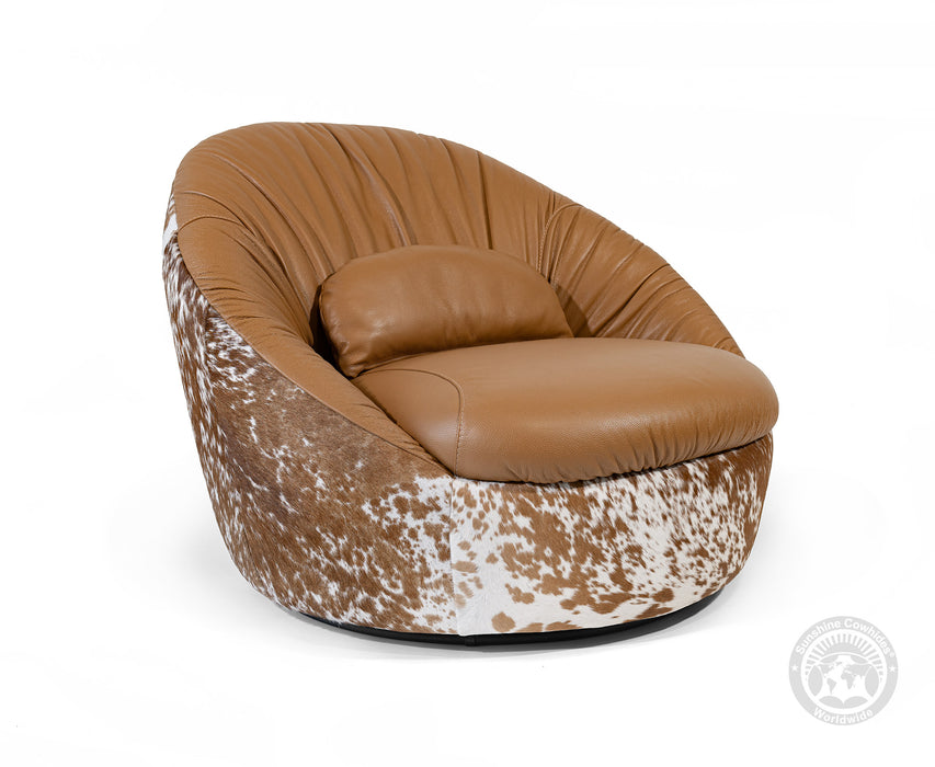 Leather Swivel Chaise Chair on Cowhide Accents - Brown