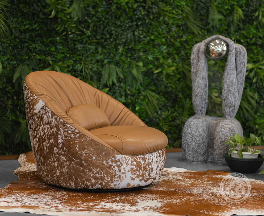 Leather Swivel Chaise Chair on Cowhide Accents - Brown