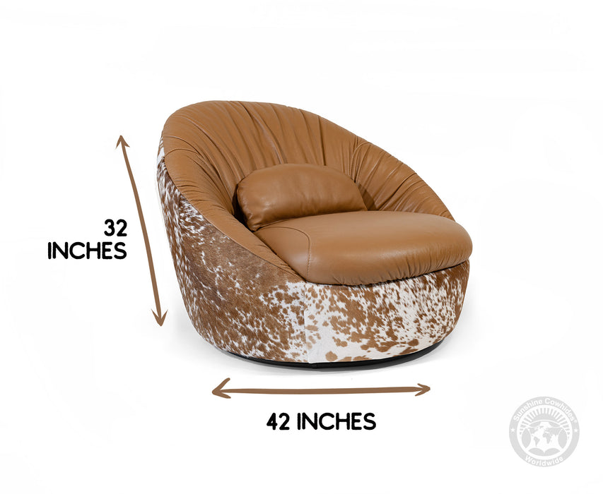 Leather Swivel Chaise Chair on Cowhide Accents - Brown