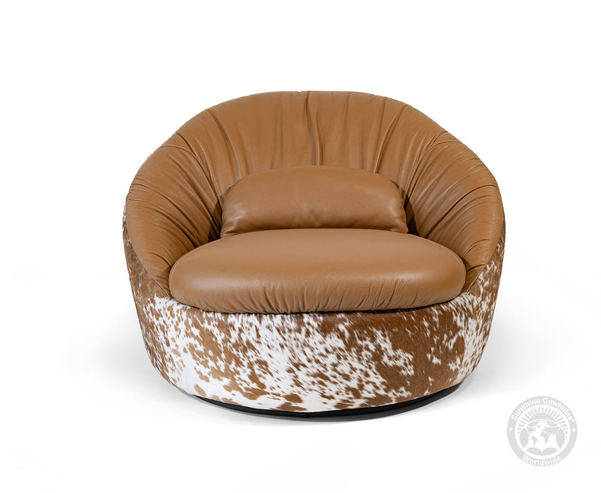 Leather Swivel Chaise Chair on Cowhide Accents - Brown