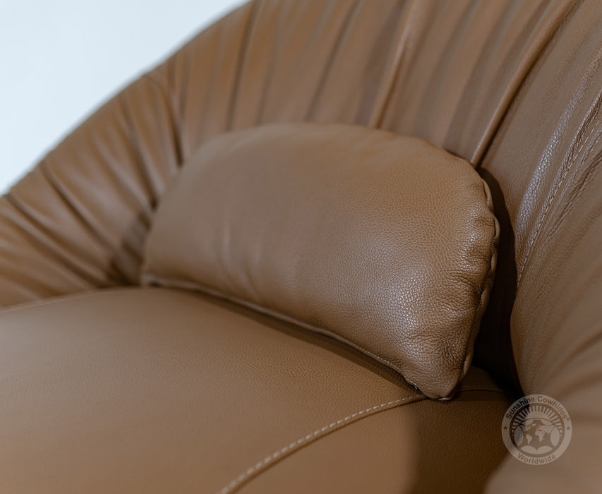 Leather Swivel Chaise Chair on Cowhide Accents - Brown