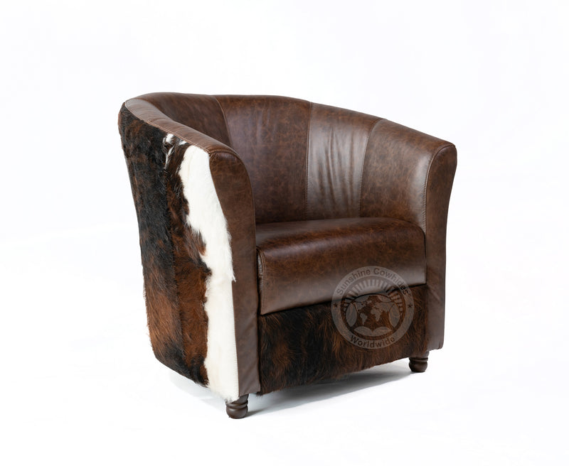 Leather Barrel Chair with Hair On Cowhide Accents - Coffee