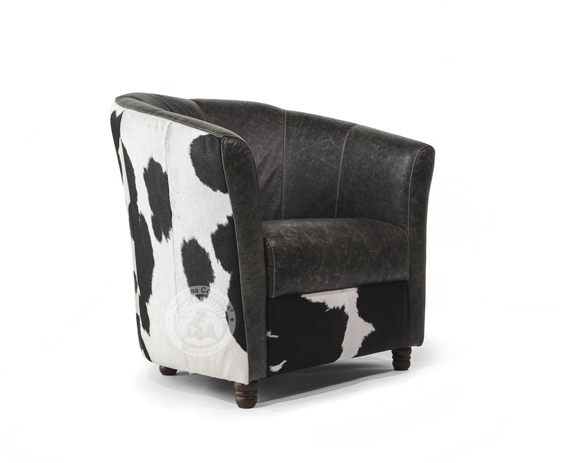 Leather Barrel Chair with Hair On Cowhide Accents - Black and White