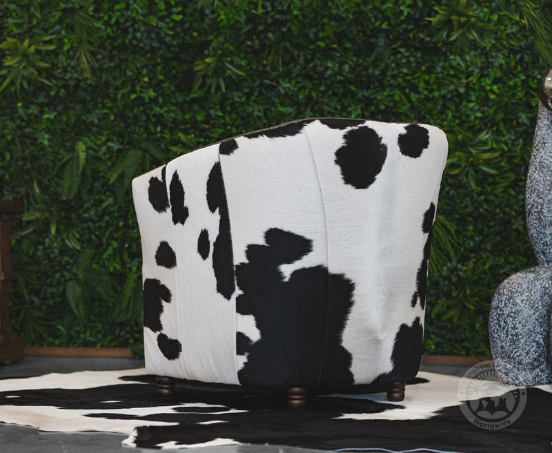 Leather Barrel Chair with Hair On Cowhide Accents - Black and White