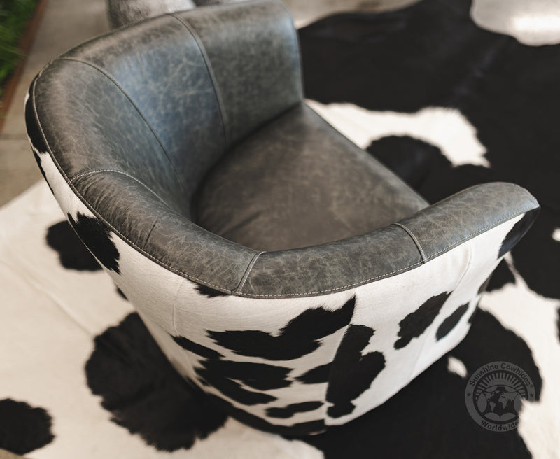 Leather Barrel Chair with Hair On Cowhide Accents - Black and White