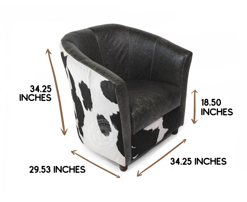 Leather Barrel Chair with Hair On Cowhide Accents - Black and White