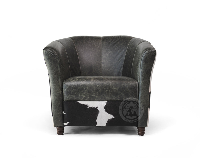 Leather Barrel Chair with Hair On Cowhide Accents - Black and White