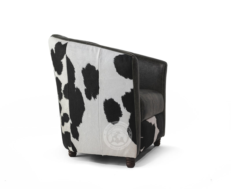 Leather Barrel Chair with Hair On Cowhide Accents - Black and White