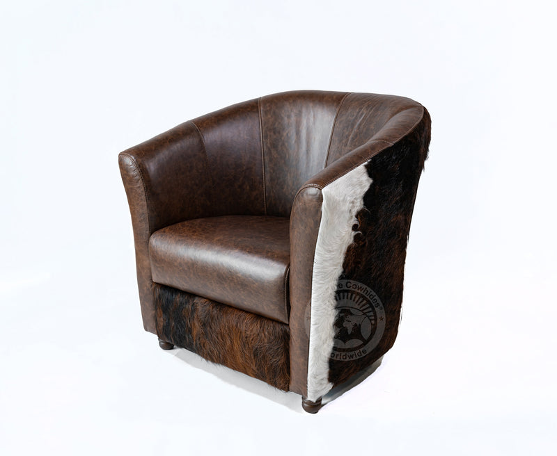 Leather Barrel Chair with Hair On Cowhide Accents - Coffee