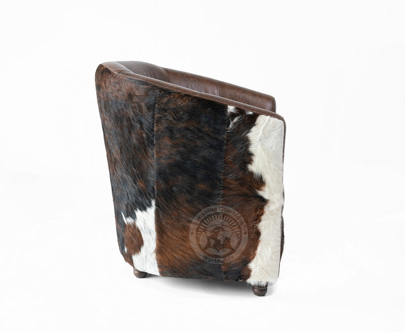 Leather Barrel Chair with Hair On Cowhide Accents - Coffee
