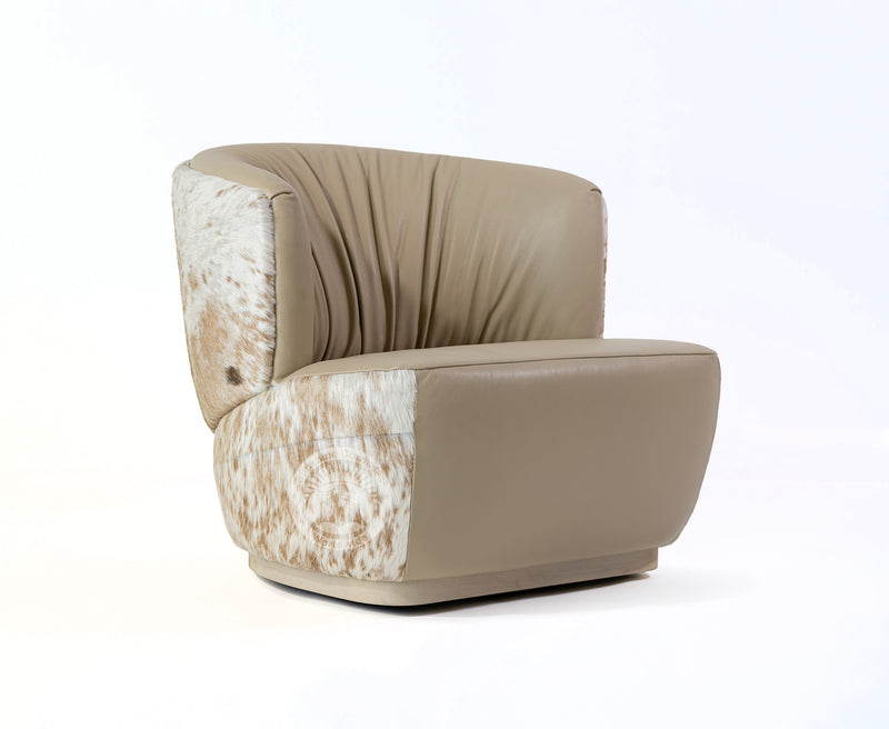 Leather Swivel Barrel Chair - Taupe with Beige and White