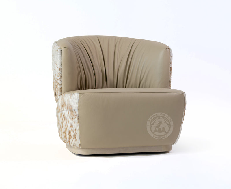 Leather Swivel Barrel Chair - Taupe with Beige and White