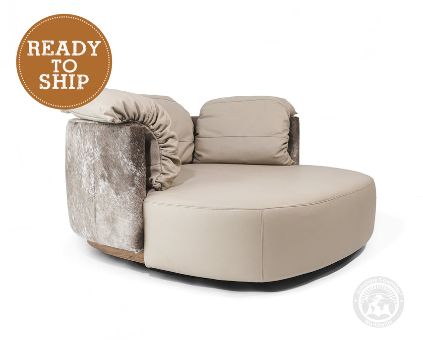 Swivel Leather Love Chair with Hair On Cowhide Accents  - Taupe