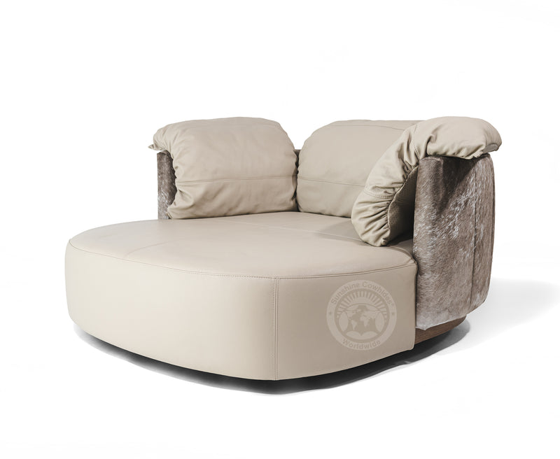 Swivel Leather Love Chair with Hair On Cowhide Accents  - Taupe