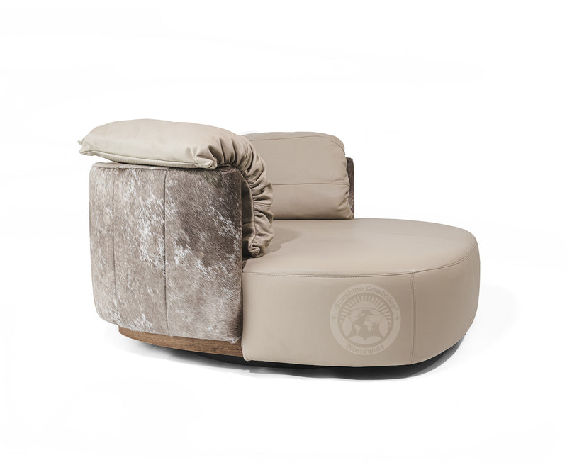 Swivel Leather Love Chair with Hair On Cowhide Accents  - Taupe