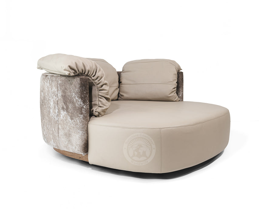 Swivel Leather Love Chair with Hair On Cowhide Accents  - Taupe