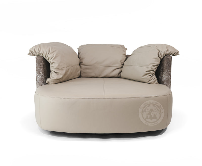 Swivel Leather Love Chair with Hair On Cowhide Accents  - Taupe