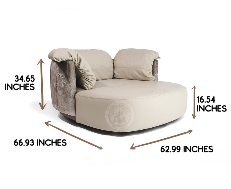 Swivel Leather Love Chair with Hair On Cowhide Accents  - Taupe