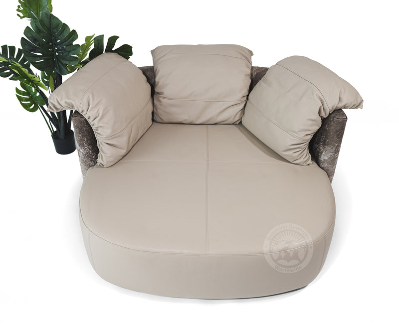 Swivel Leather Love Chair with Hair On Cowhide Accents  - Taupe