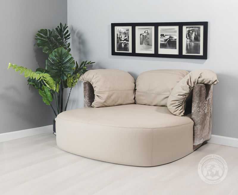 Swivel Leather Love Chair with Hair On Cowhide Accents  - Taupe