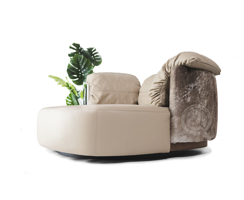 Swivel Leather Love Chair with Hair On Cowhide Accents  - Taupe