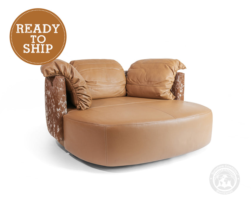 Swivel Leather Love Chair with Hair On Cowhide Accents - Toffee